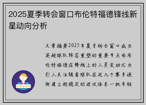 2025夏季转会窗口布伦特福德锋线新星动向分析 2025夏季转会窗口布伦特福德锋线新星动向分析